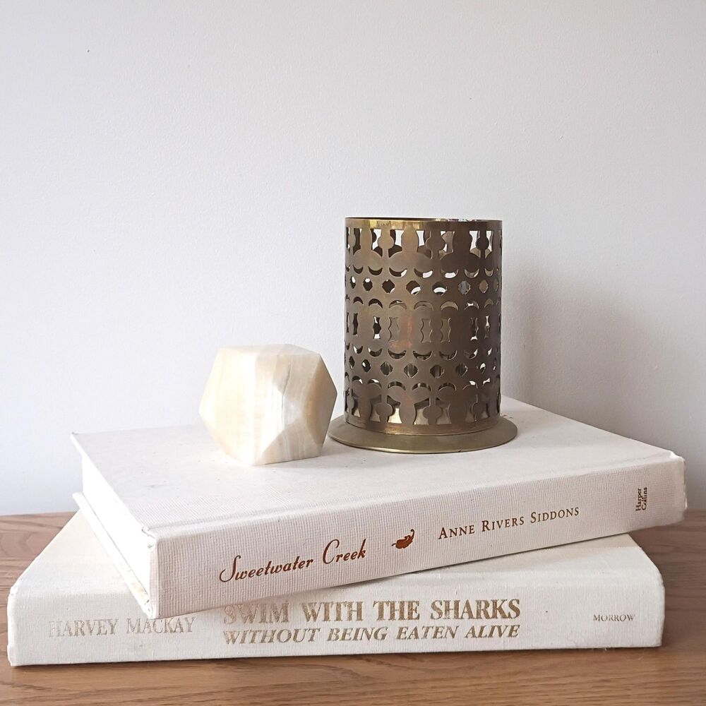 Vintage Solid Pierced Brass Votive Tea Light Candle Holder Pencil Cup Boho Decor